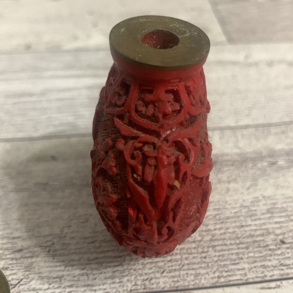 Antique Chinese Snuff Bottle Red Cinnabar Lacquer Resin Bird Tree Water Lilly - Picture 5 of 7